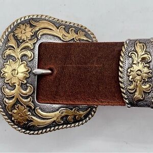Western Style crazy horse buffalo Leather Belt with   Gold and Silver Buckle